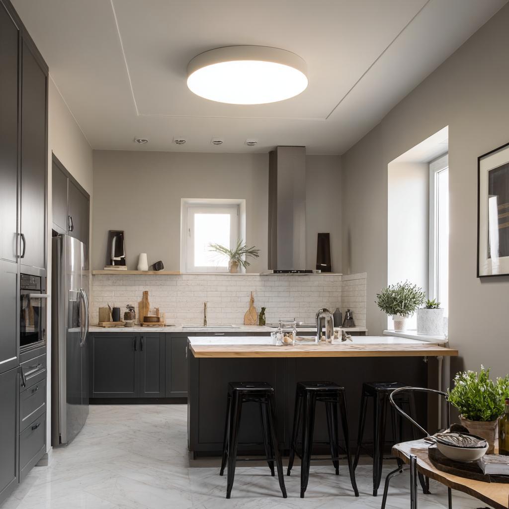 Modern kitchen pop ceiling design with round panel light and sleek grey cabinets