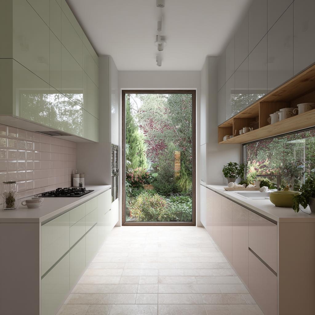 Minimalist white back painted glass kitchen with glossy cabinets and garden view