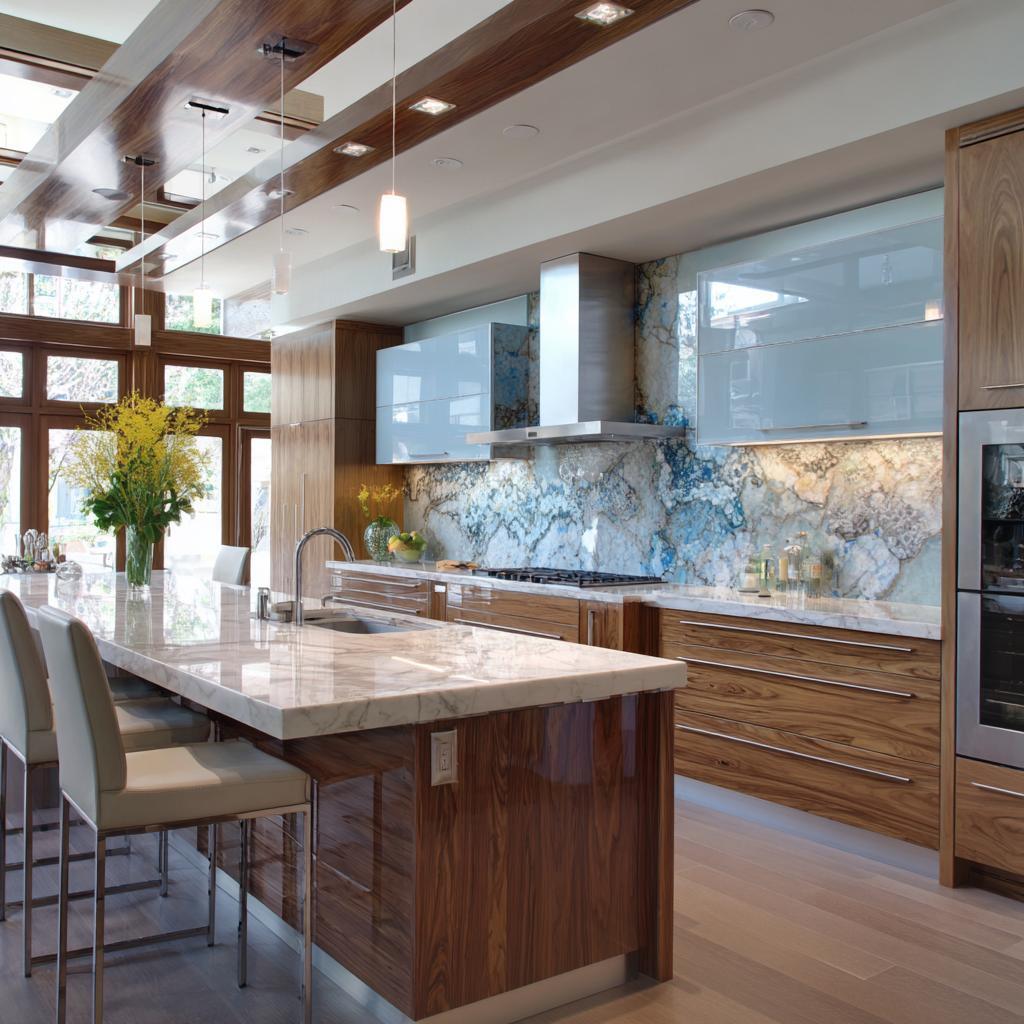 Modern back painted glass kitchen with marble backsplash and glossy cabinets