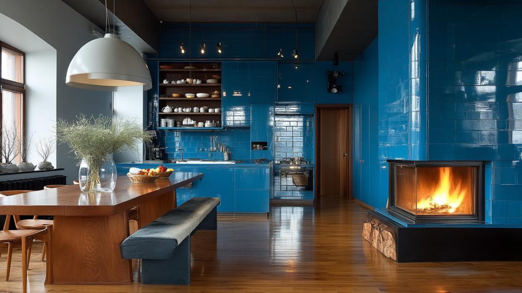 Elegant back painted glass kitchen with bold blue walls and cozy fireplace