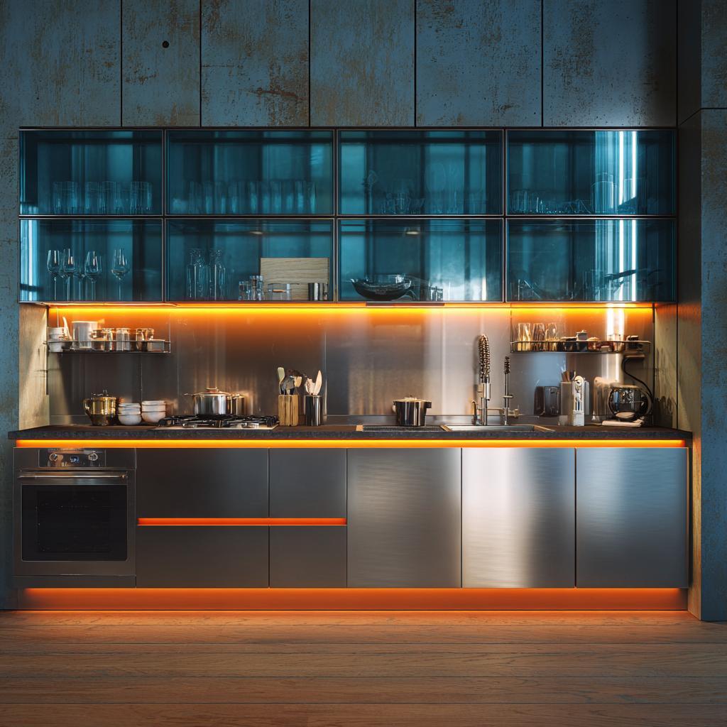 Industrial modern back painted glass kitchen with blue cabinets and warm LED lighting