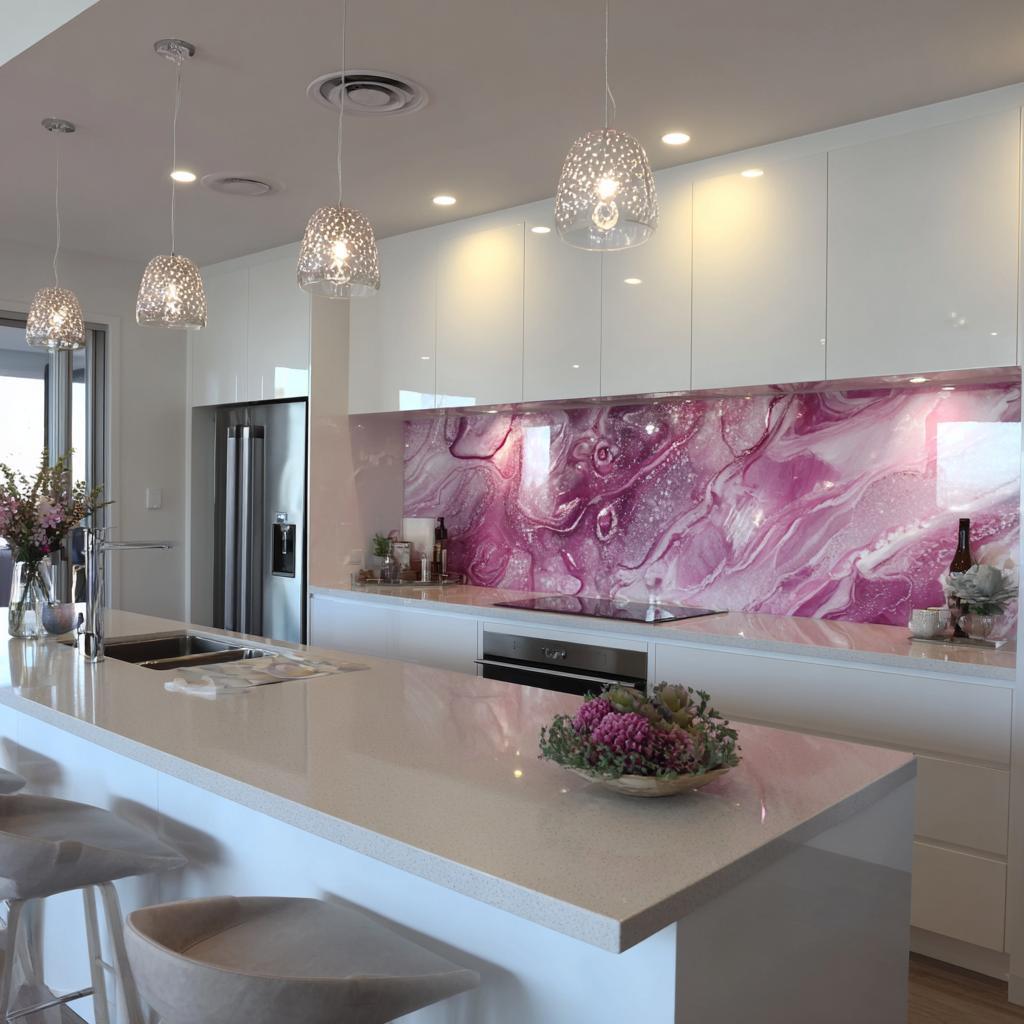 Stylish back painted glass kitchen backsplash in pink marble finish with white cabinets