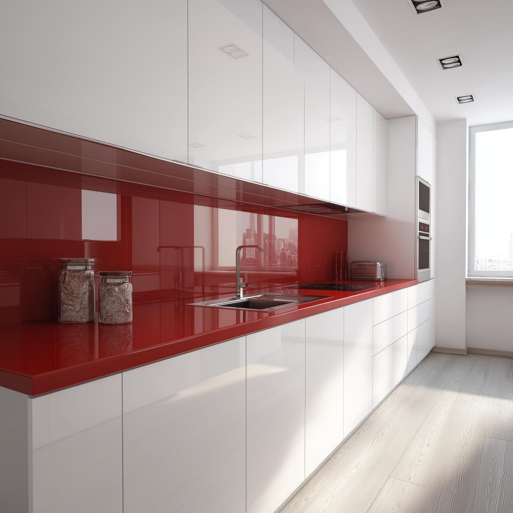 Sleek back painted glass kitchen backsplash in bold red with glossy white cabinets