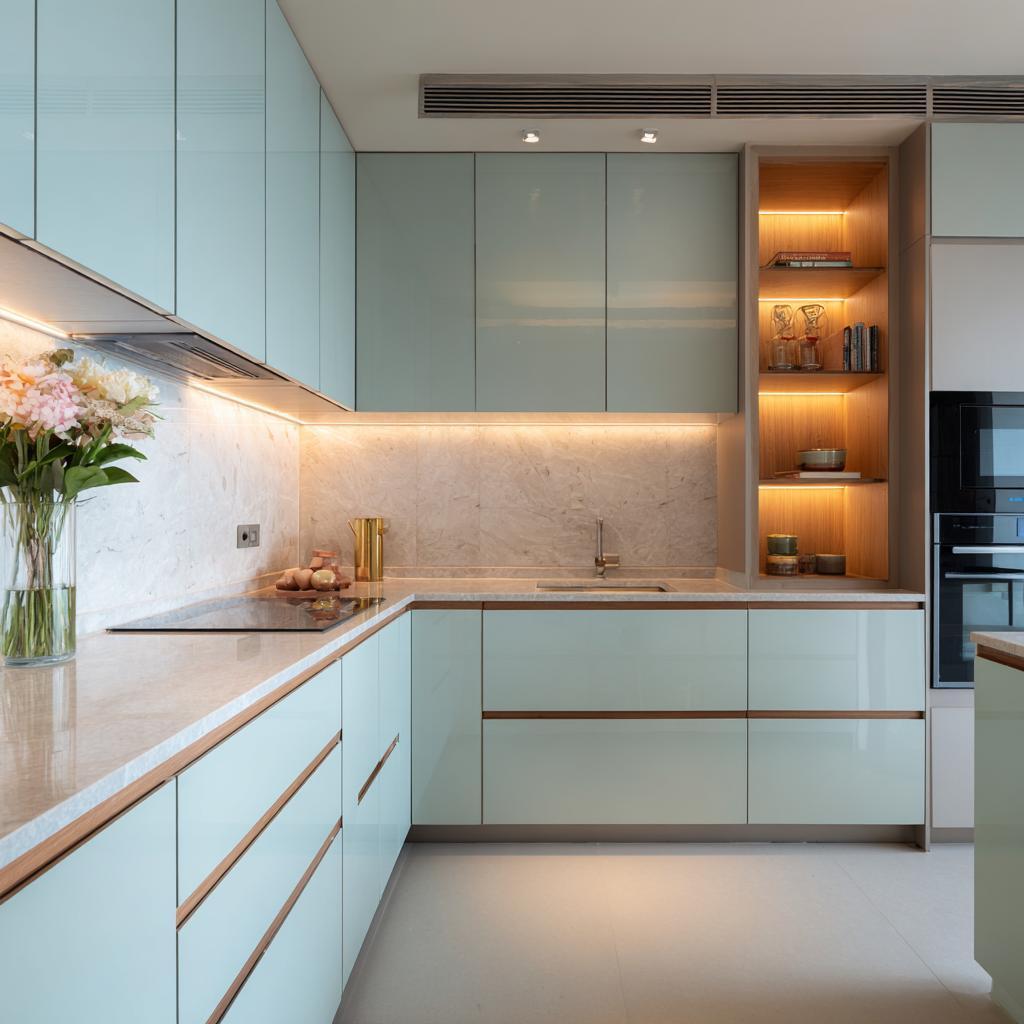 Elegant back painted glass kitchen cabinets with glossy pastel finish and warm lighting