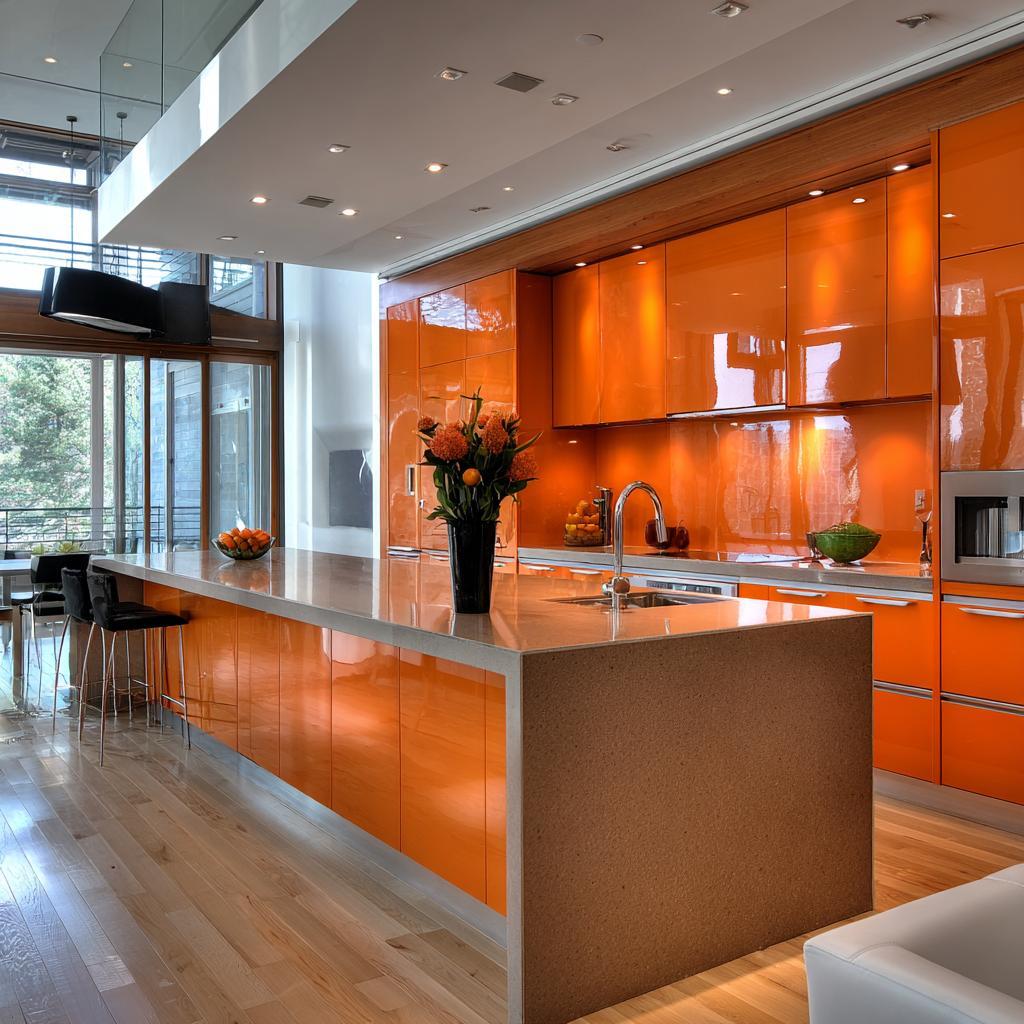 Stunning modern back painted glass kitchen with bold orange glossy cabinets