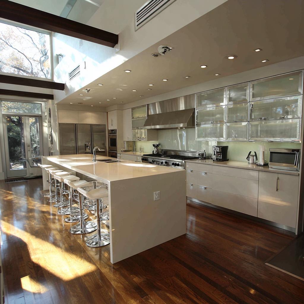 Luxury back painted glass kitchen cabinets with sunlit island and sleek steel appliances