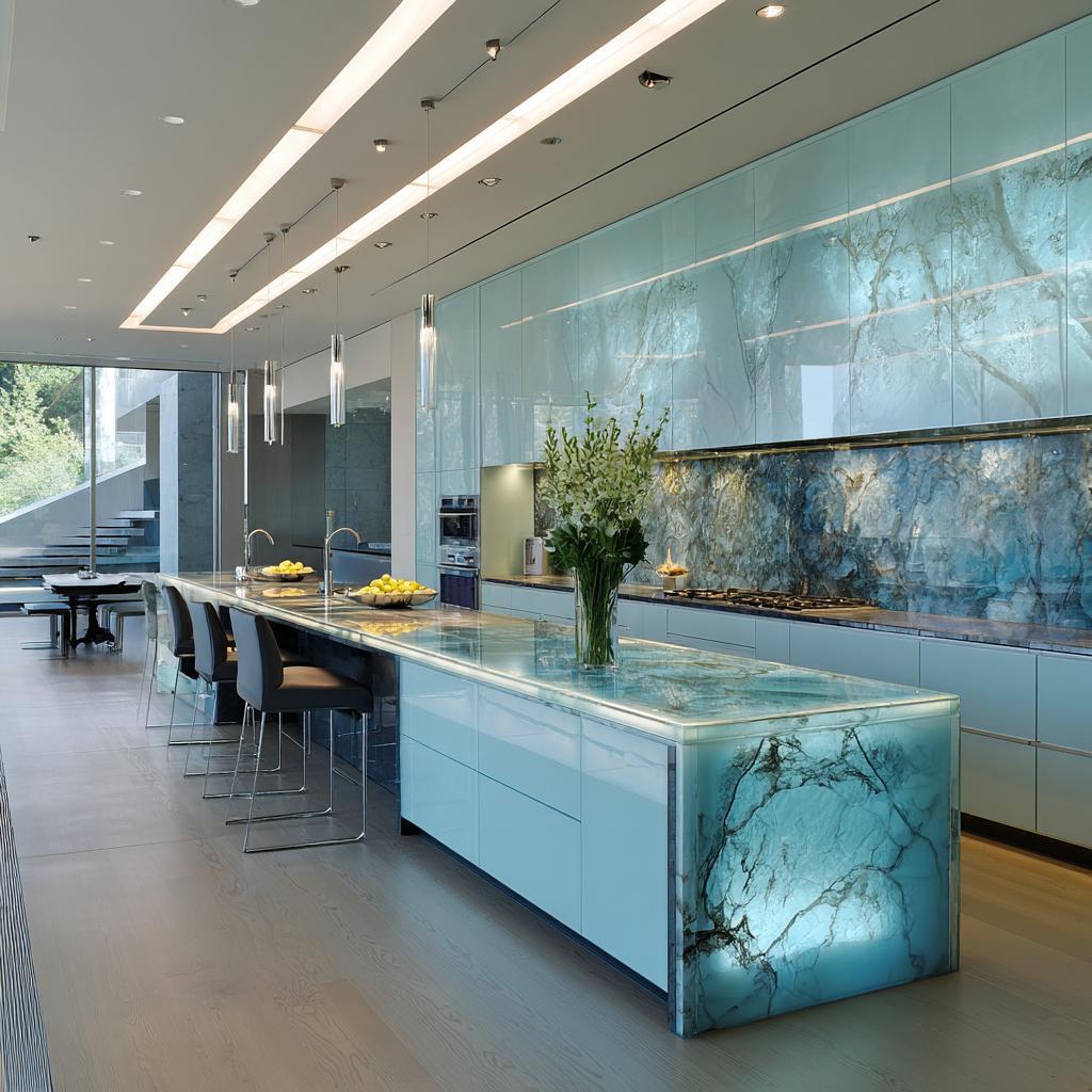 Luxury modern back painted glass kitchen with illuminated marble island and sleek cabinetry