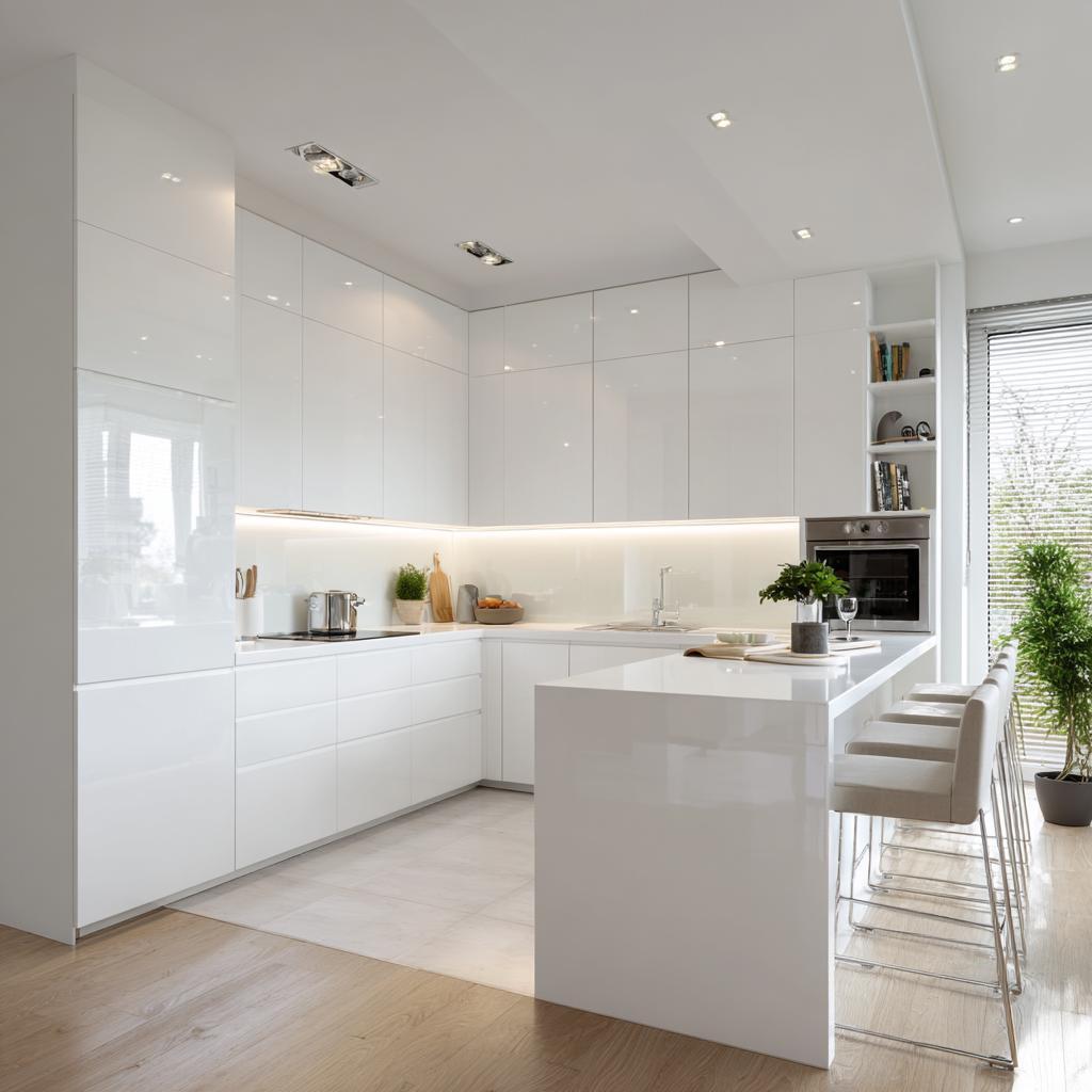 Elegant white back painted glass kitchen with sleek island and glossy cabinetry
