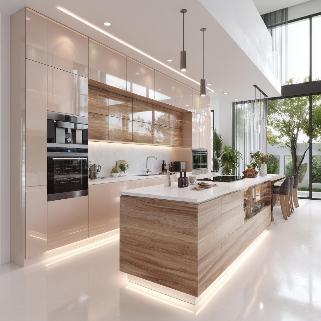Modern back painted glass kitchen with wood island and soft LED lighting