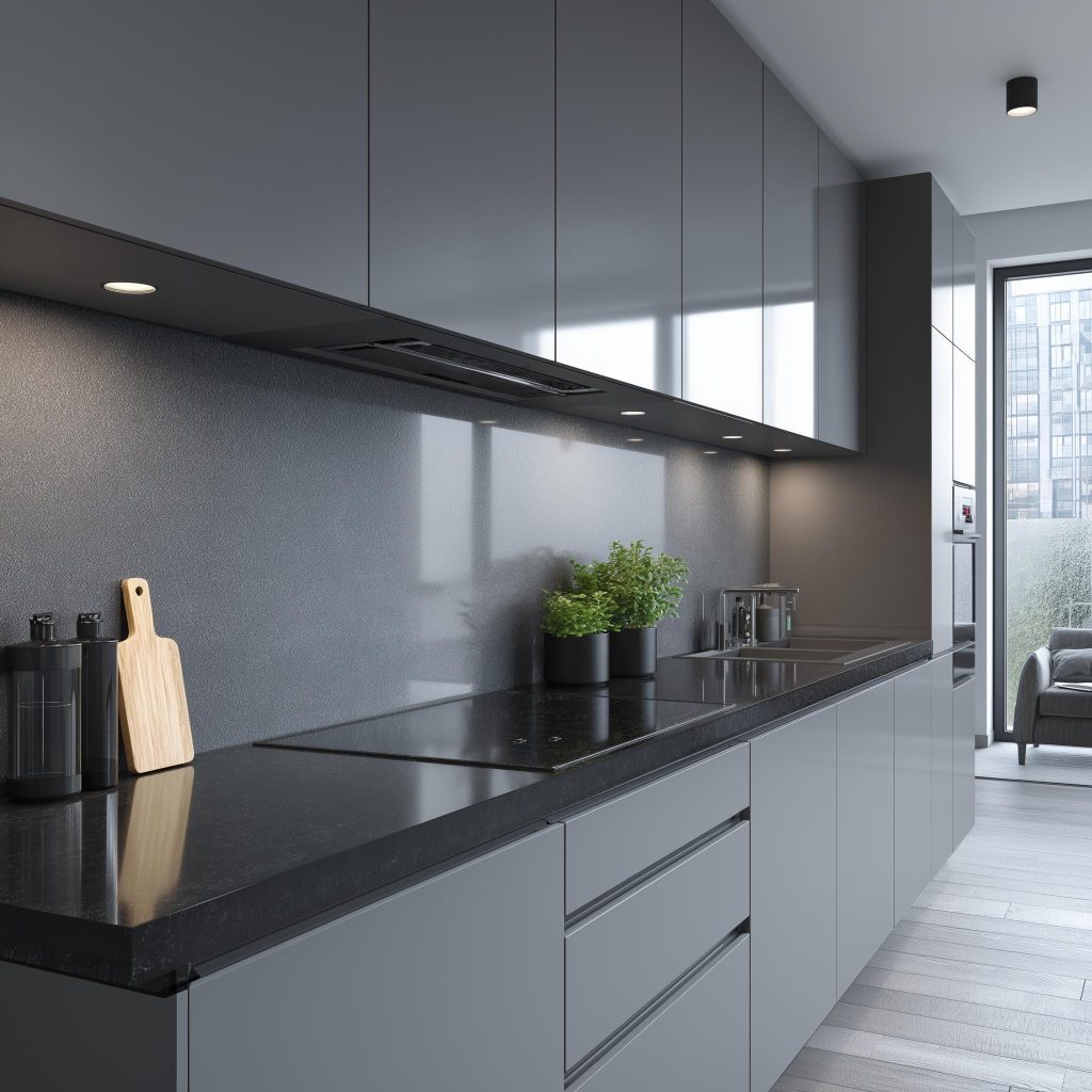 Sleek modern back painted glass kitchen with matte grey cabinets and black countertop