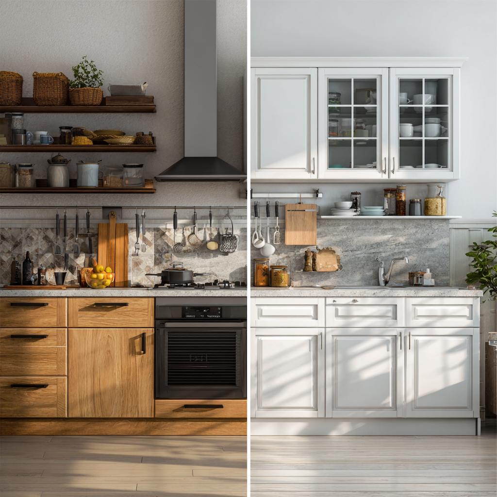 Wet and dry kitchen design showing wooden wet zone and white dry zone cabinets