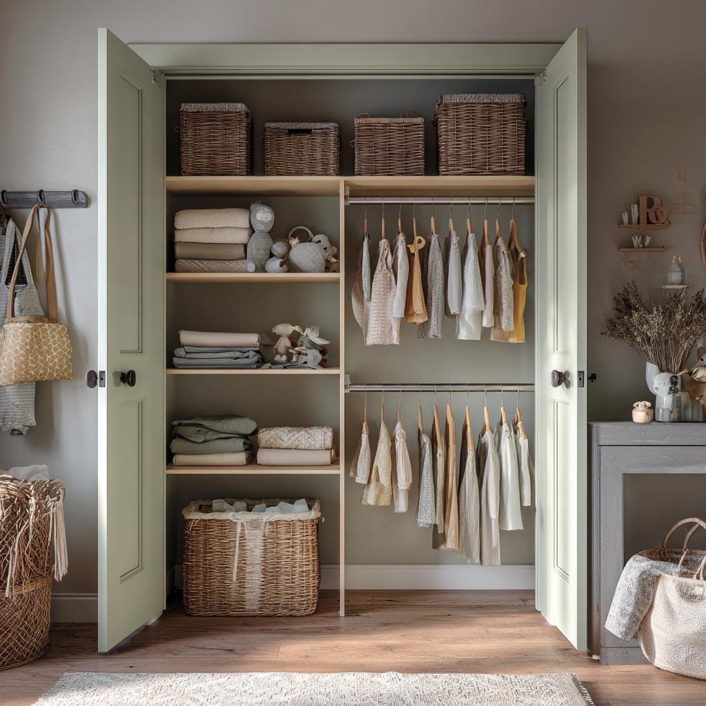 Minimal kids bedroom wardrobe designs with shelves and hanging space