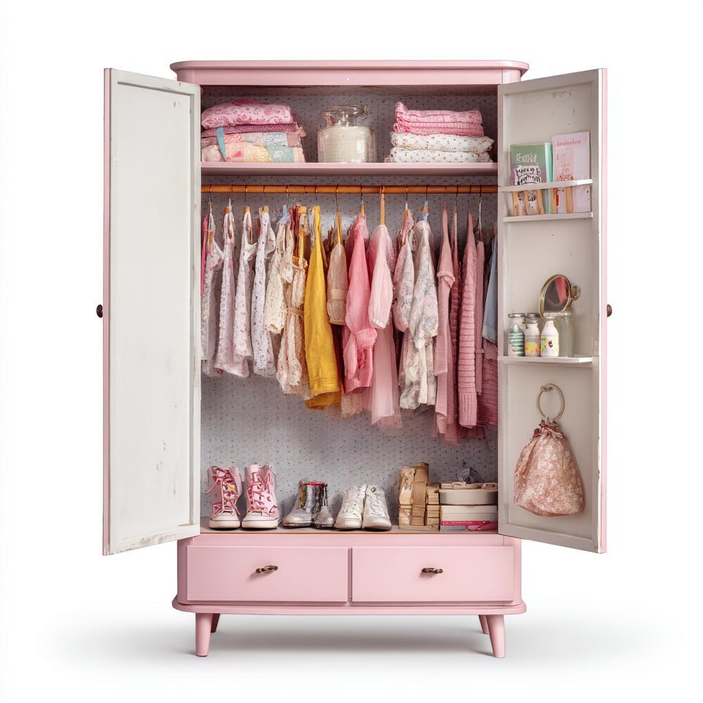 Charming kids wardrobe internal design with pink storage and organized shelves