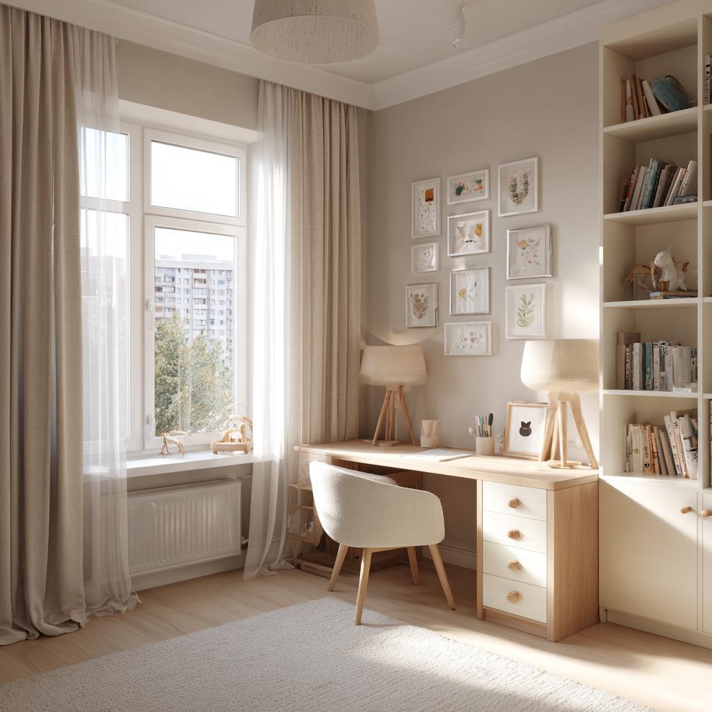 Elegant kids wardrobe design with study table and cozy reading corner