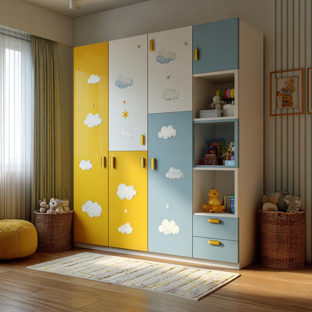 Colorful kids wardrobe design with cloud themed doors and open storage shelves