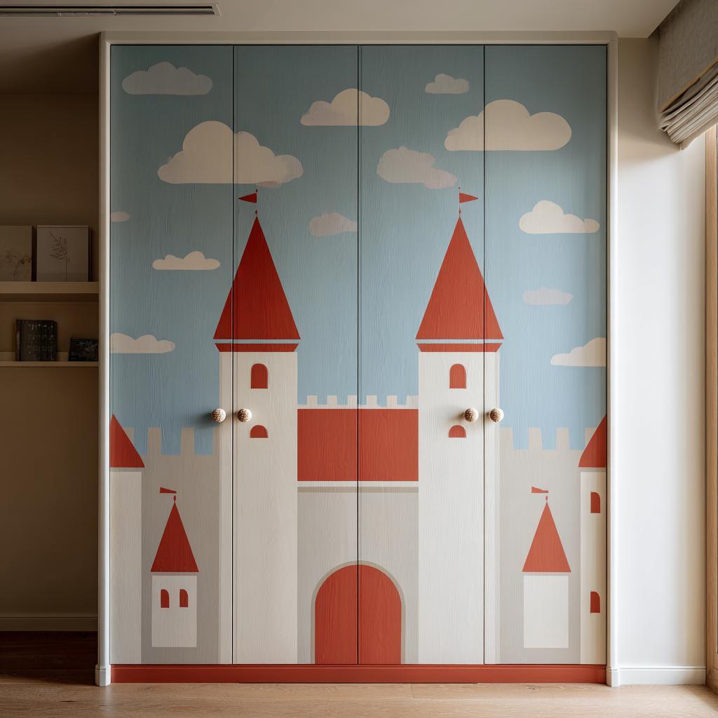 Creative kids wardrobe door designs with castle theme artwork