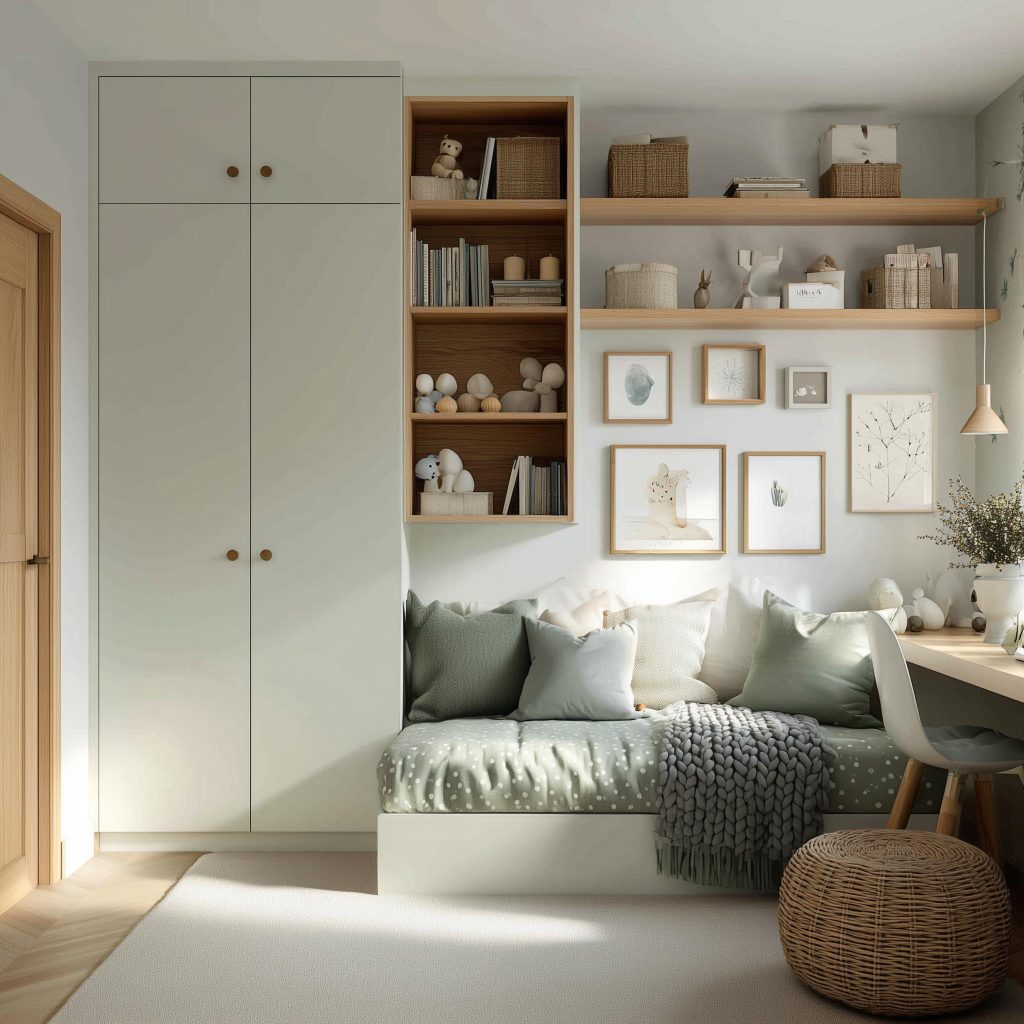 Modern kids bedroom wardrobe designs with study nook and shelves