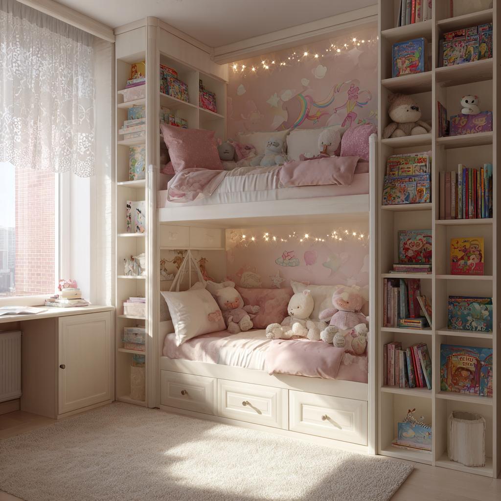 Cozy kids room design with wardrobe and bunk bed storage in soft pink theme