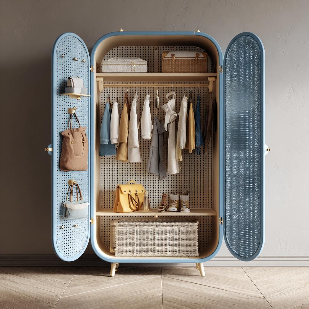 Elegant kids wardrobe internal design with shelves, hanging space and baskets
