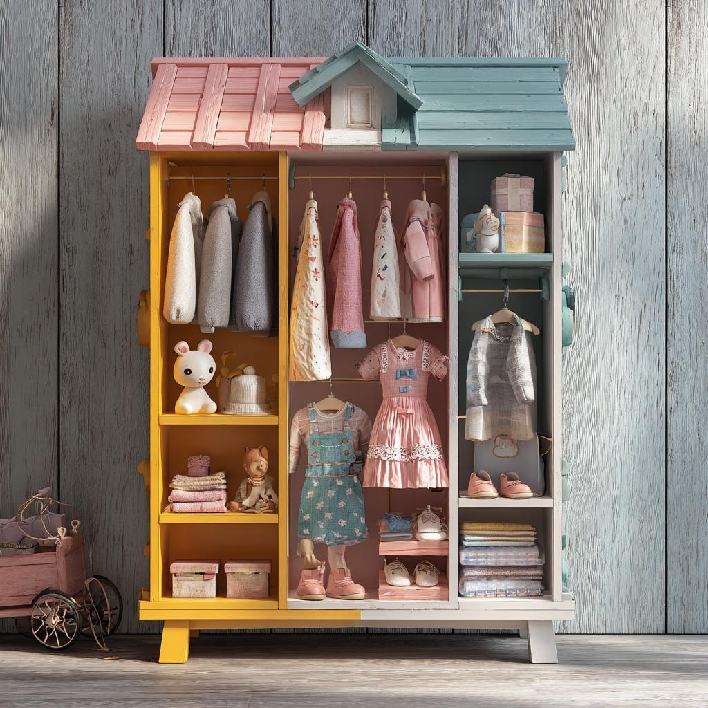 Adorable kids wardrobe design shaped like a dollhouse with pastel storage