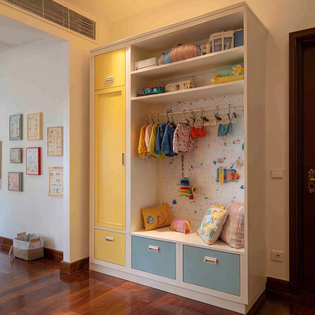 Creative kids room design with wardrobe featuring open shelves and bench seating