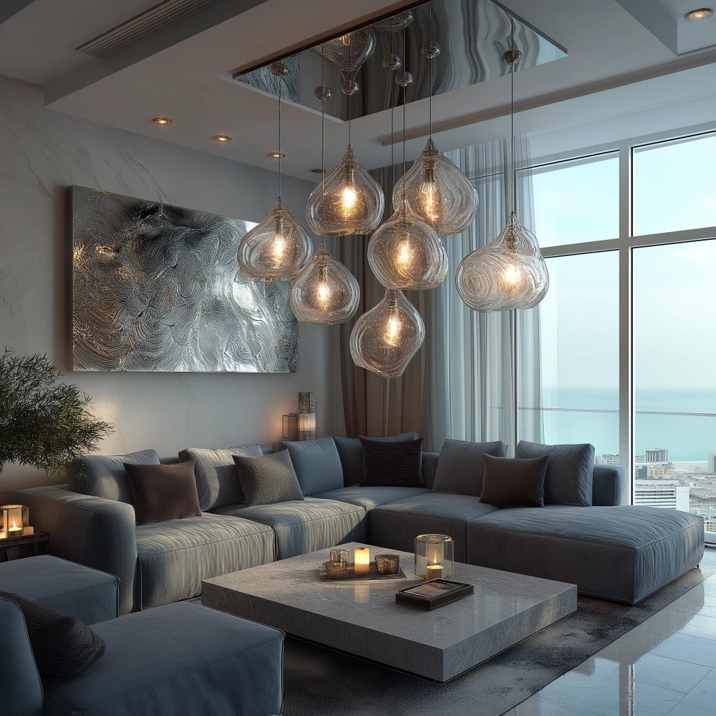 Chandelier for high ceiling living room with modern glass drops and ocean-view seating