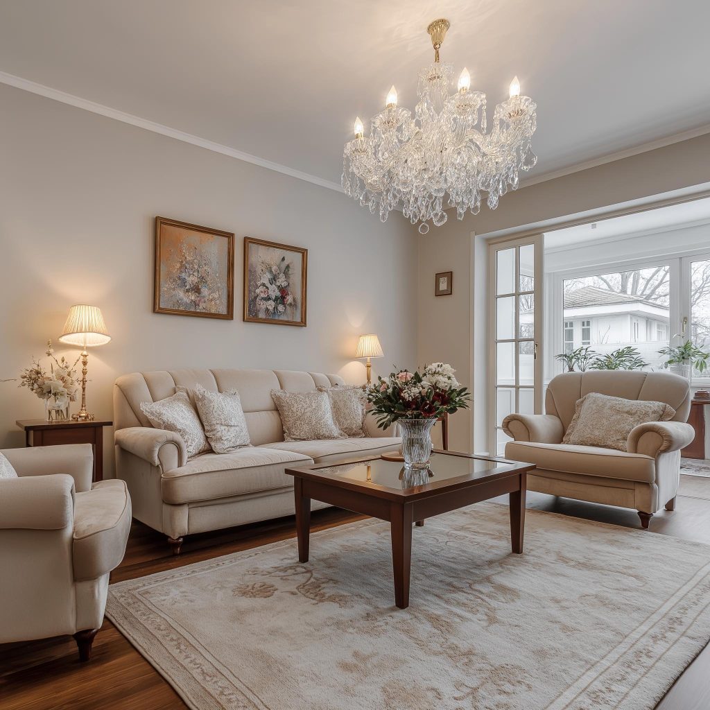 Elegant chandelier lights for living room with classic crystal arms and warm glow