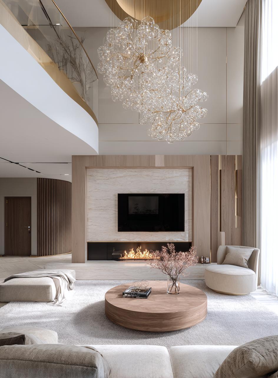Luxury high ceiling living room chandelier with cascading crystal globes in modern interior