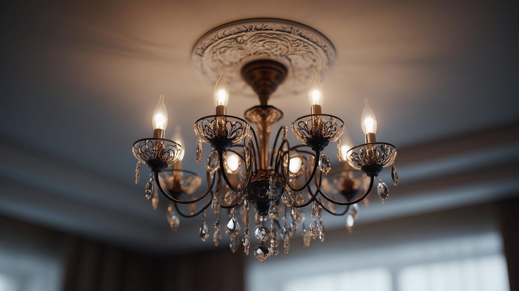Elegant living room crystal chandelier with vintage bronze frame and sparkling glass accents