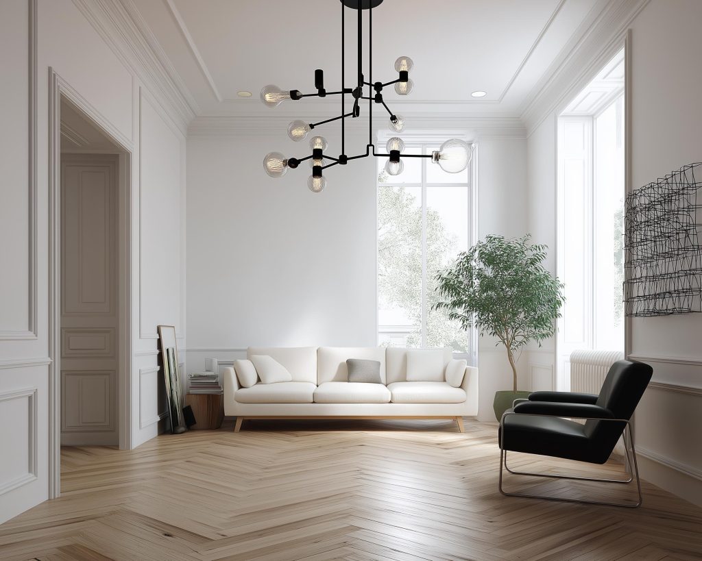 Simple chandelier for living room with modern black frame and exposed bulbs