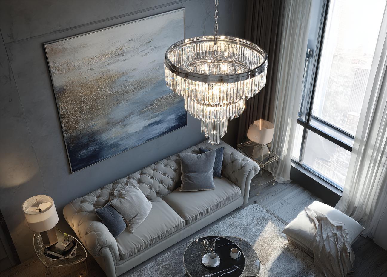 Elegant living room crystal chandelier with layered glass tiers in modern luxury space