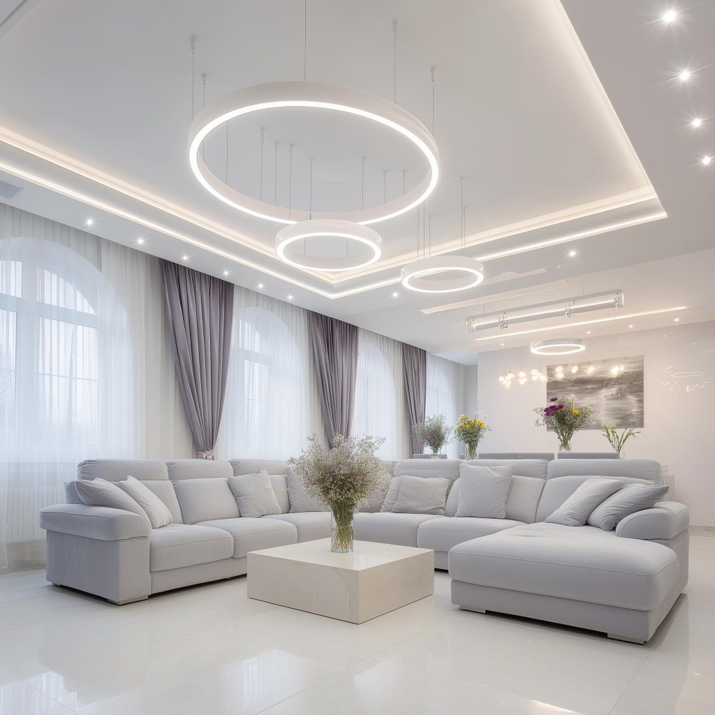 Elegant led chandelier lights for living room with modern ring design and soft ambient glow
