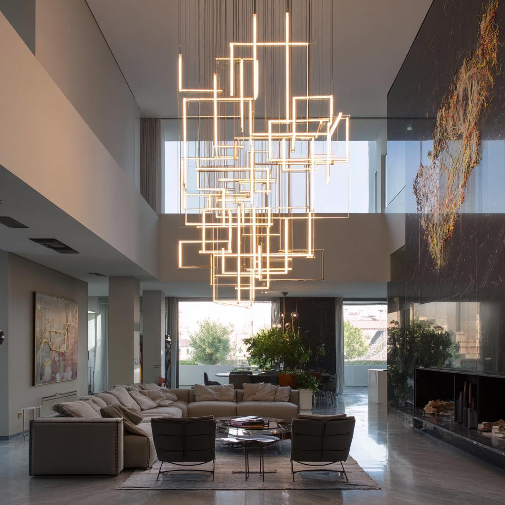 Luxury chandelier for high ceiling living room with geometric LED masterpiece
