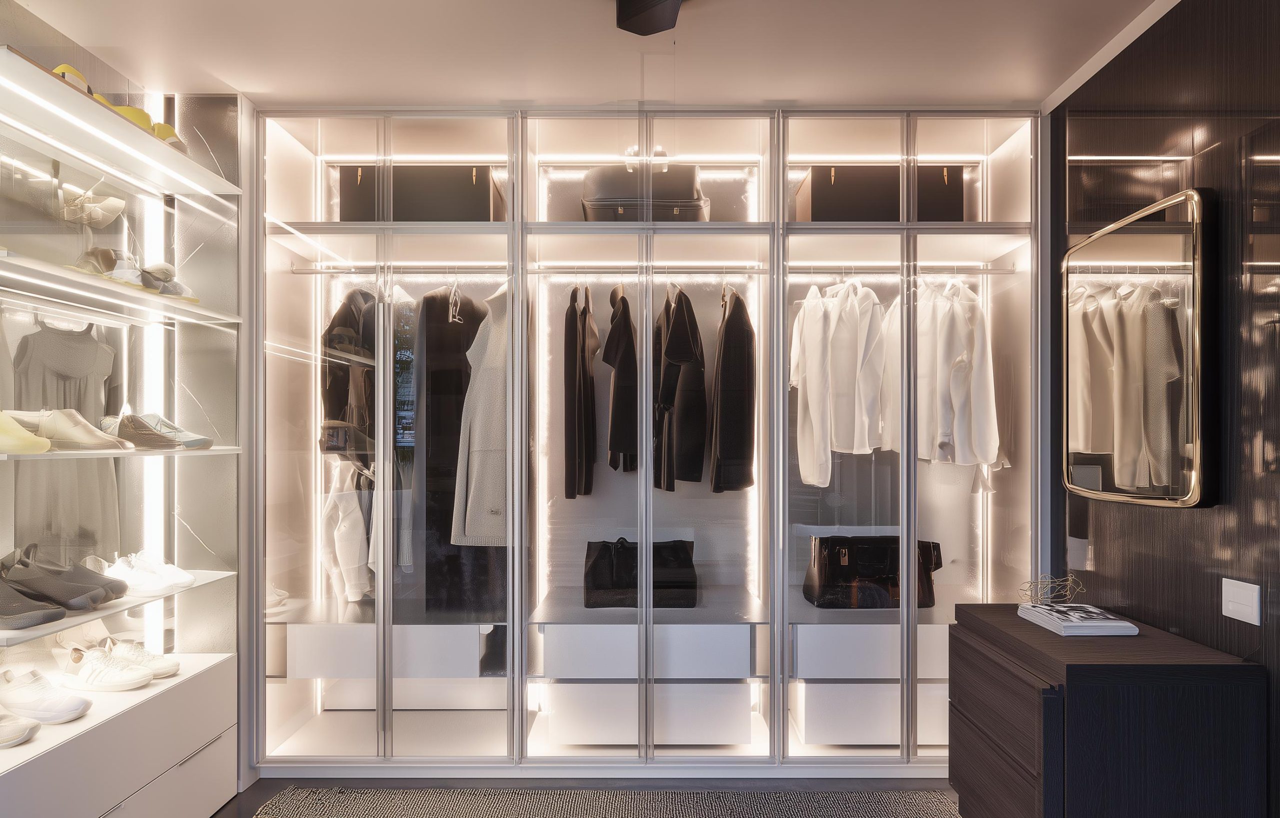 Luxury glass finish wardrobe with illuminated shelves and sleek modern design