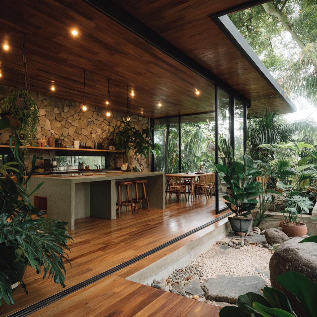 Biophilic kitchen with stone walls opening to a gravel garden and tropical plants