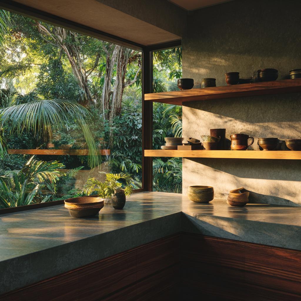 Stunning biophilic kitchen design ideas with forest views and natural stone counters