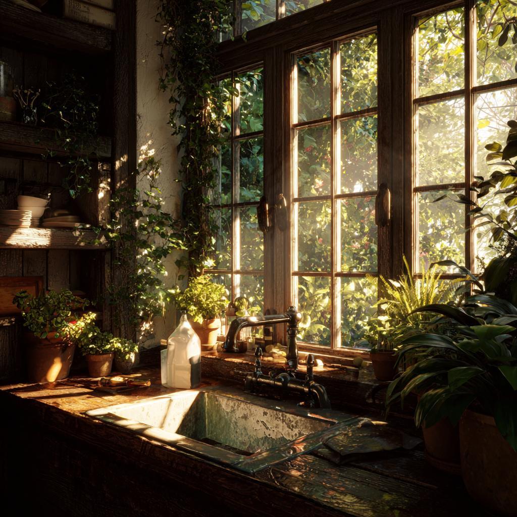 Rustic biophilic kitchen design ideas with sunlit window, indoor plants and wooden sink area