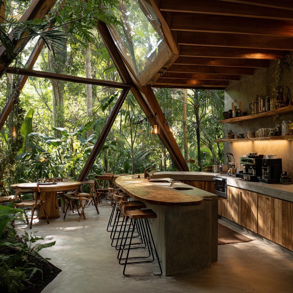 Luxury Biophilic Kitchen Design with jungle views, wooden island and glass walls