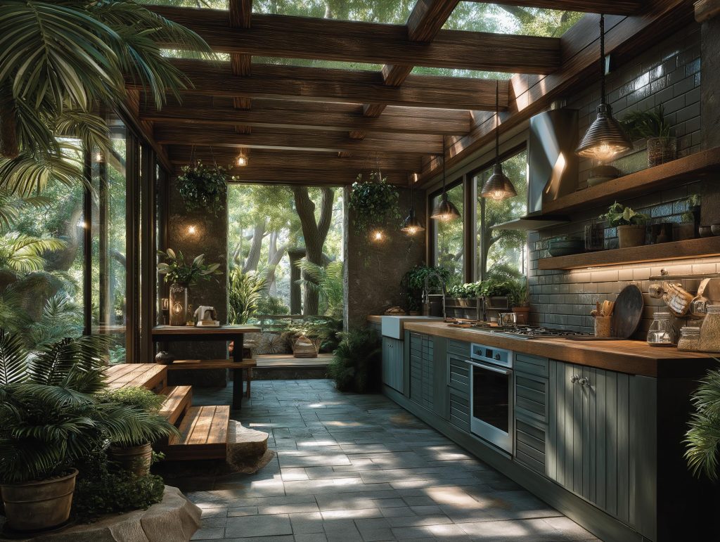 Stunning modern biophilic kitchen design with lush greenery and natural wood accents