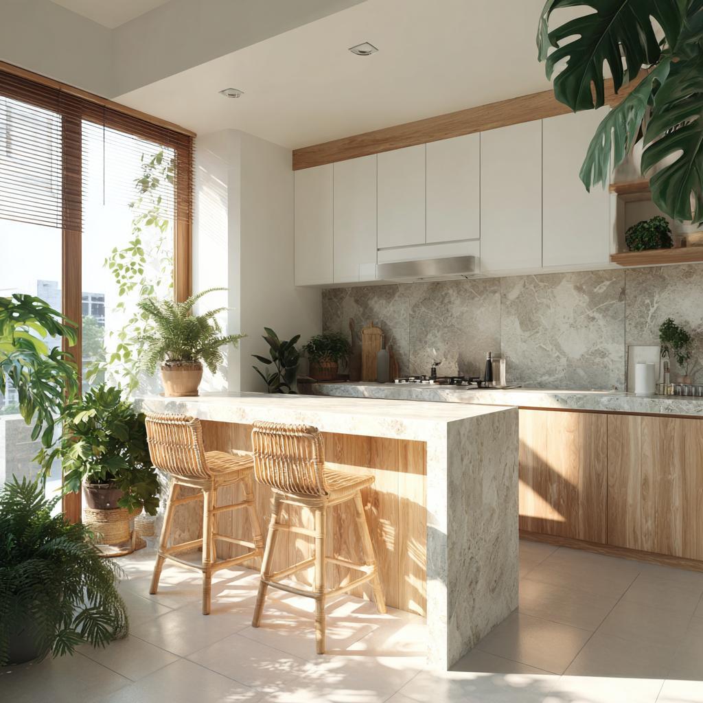 Elegant Biophilic Kitchen with marble island, wooden cabinets, and sunlit indoor plants