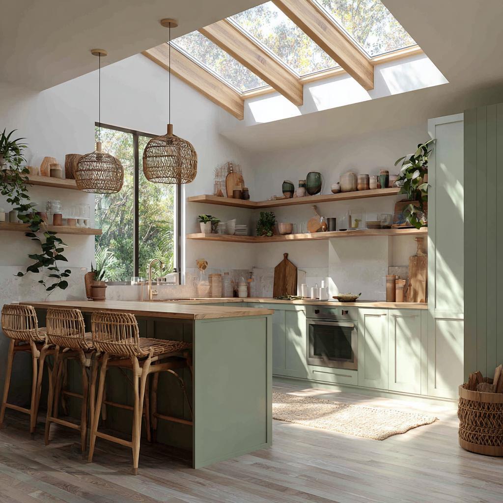 Airy modern biophilic kitchen design with skylights, rattan pendants and sage cabinets