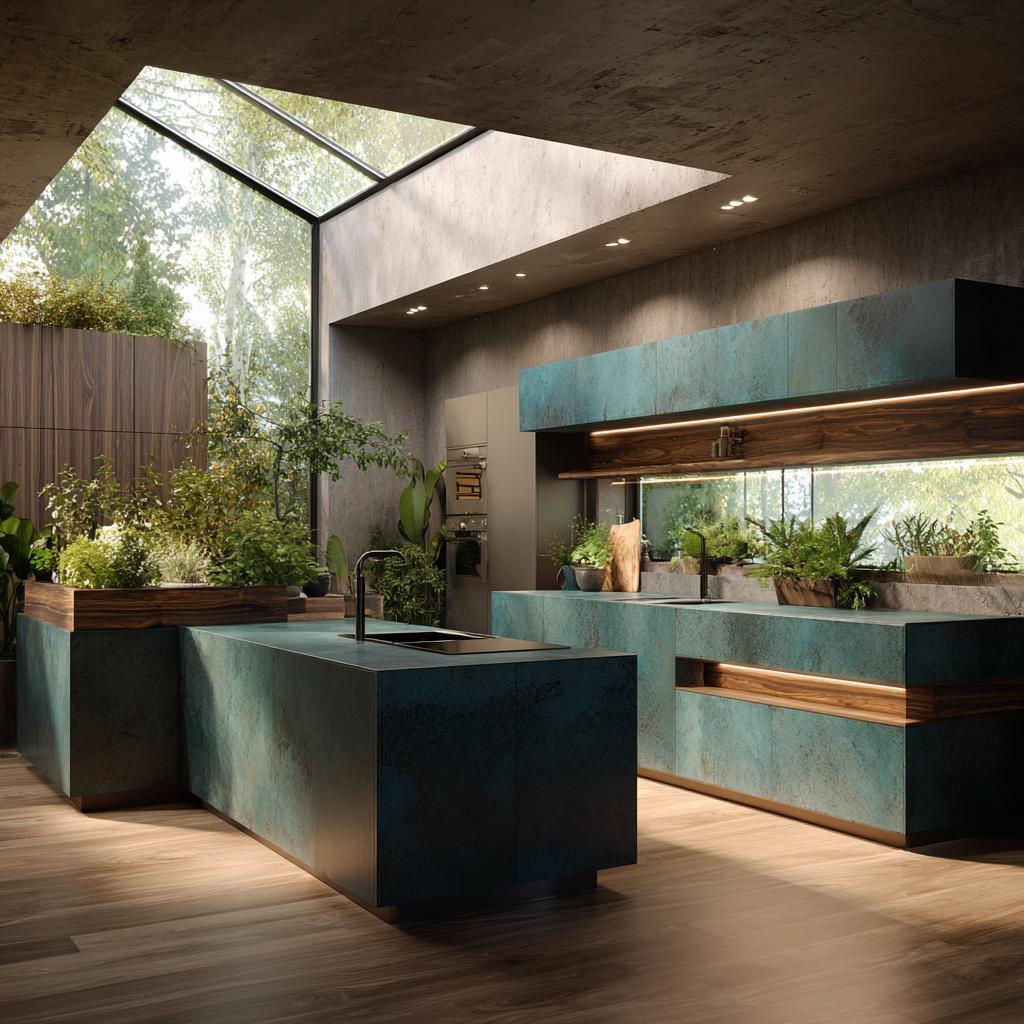Luxury Biophilic Kitchen Design with skylight, green accents and nature inspired island