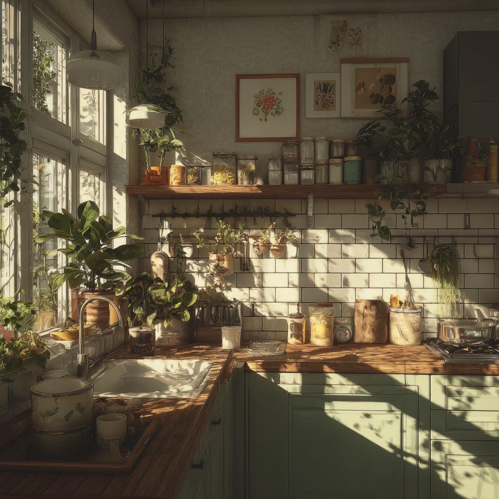 Biophilic Kitchen Design with indoor plants, wooden counters and cozy vintage charm