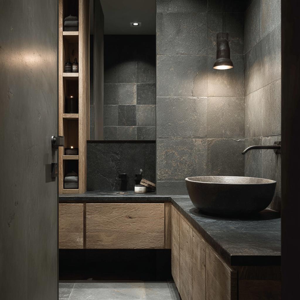 modern rustic bathroom with textured dark grey tiles and natural wood cabinets and a stone sink