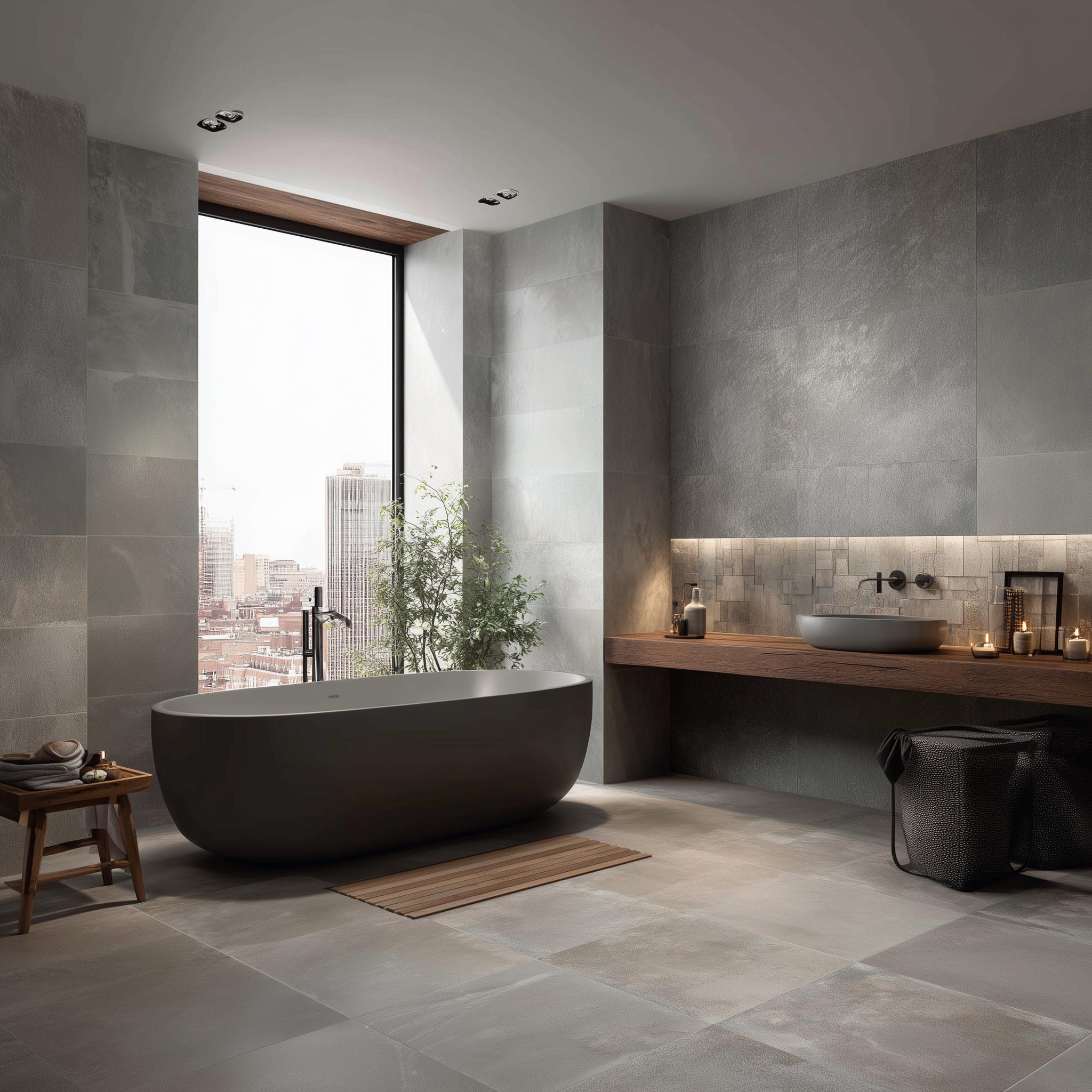 Large format grey floor tiles in a luxury bathroom with a city view and a black bathtub