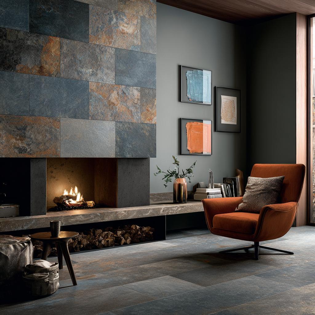 Living room with a rustic grey tile texture on the fireplace wall and matching floor tiles