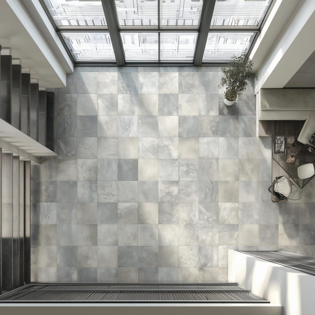 High angle view of polished grey floor tiles living room layout with natural light and stairs