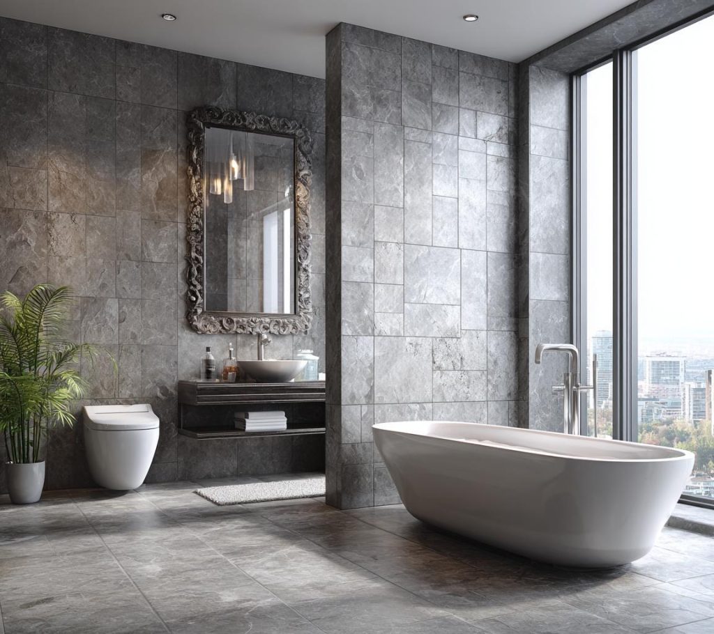 spacious spa bathroom featuring grey bathroom tiles on the walls and floor with a large tub