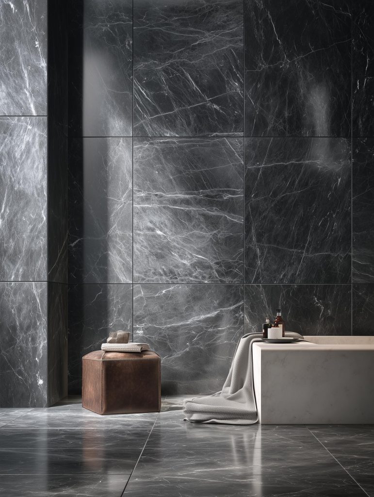 luxury bathroom featuring large grey marble tiles on the walls and floor with a white tub