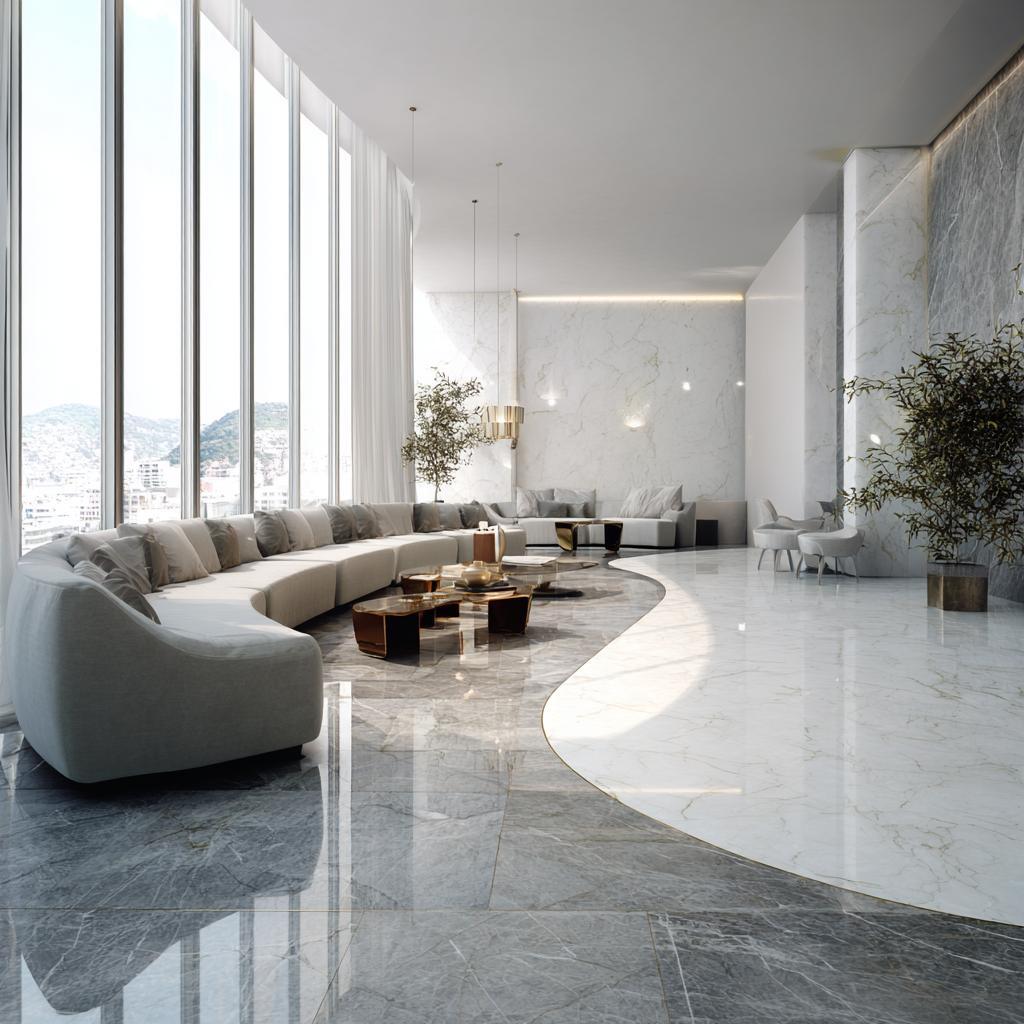 A luxury lobby with polished grey tile flooring, white marble walls, and a large curved sofa